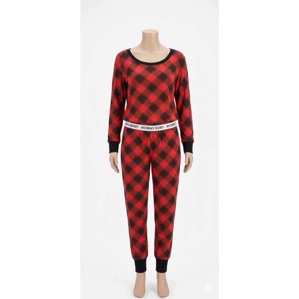 Victoria’s Secret Red Black Plaid Pajama Set XL Long Sleeve Top & Pants - Picture 5 of 15
